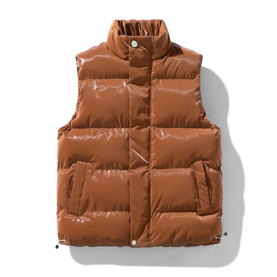 Women's Shiny Quilted Puffer Vest with High Stand-Up Collar and Drawstring Mune Fashion