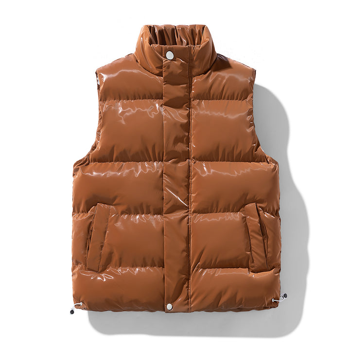 Women's Shiny Quilted Puffer Vest with High Stand-Up Collar and Drawstring Mune Fashion
