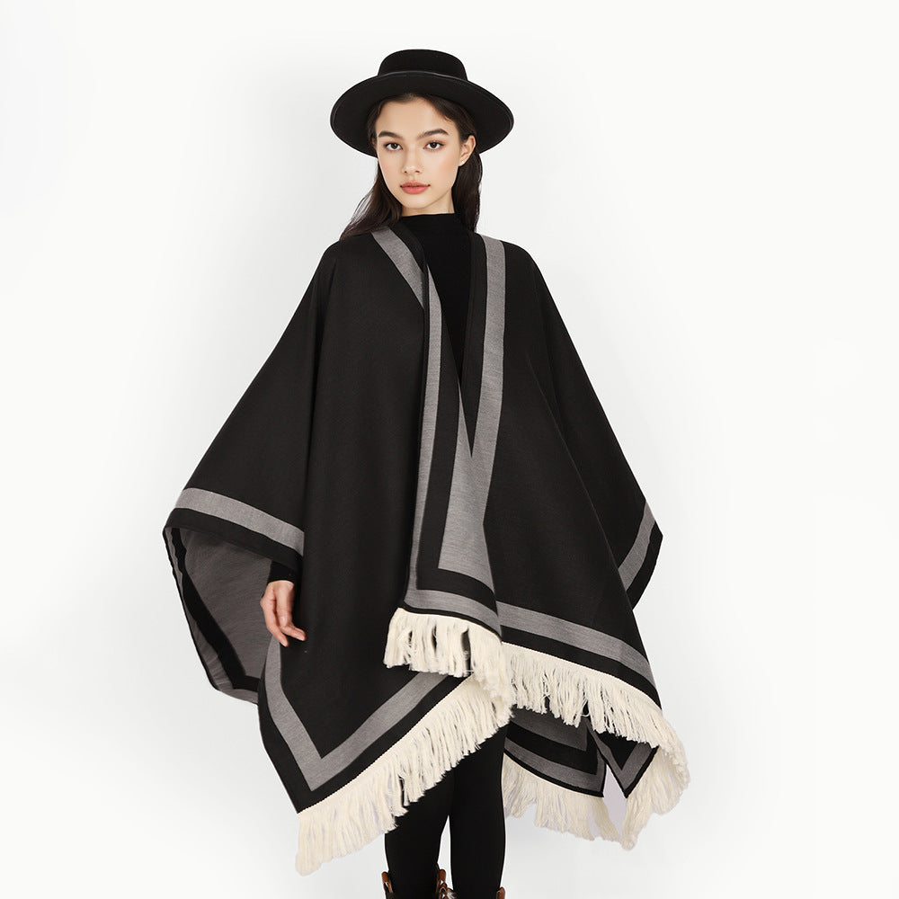 Women Rectangular Cape Poncho with Graphic Border Stripe, Fringes and Boxy Silhouette Mune Fashion