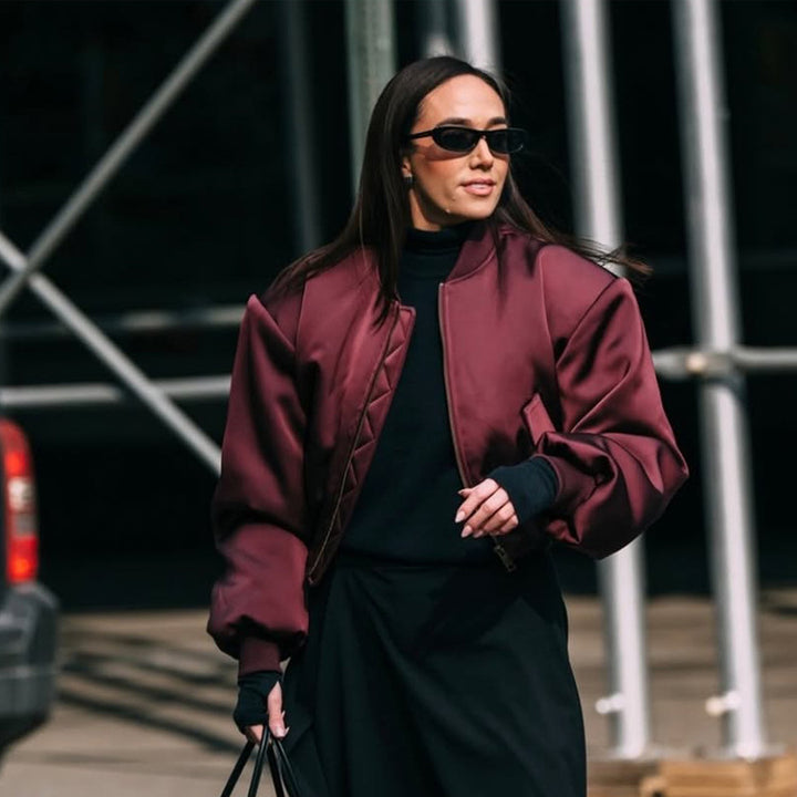 Ladies Short Satin Bomber with Boxy Silhouette, Flap Pockets and Elastic Cuff Mune Fashion
