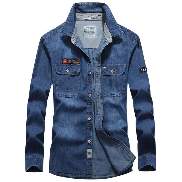 Men's denim shirt in worker-trucker style with chest flap pockets Mune Fashion