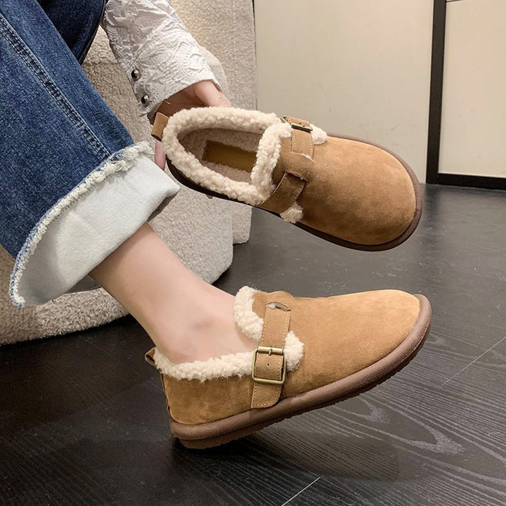Women's Fleece Lined Velour Imitation Slippers with Adjustable Buckle Strap Mune Fashion