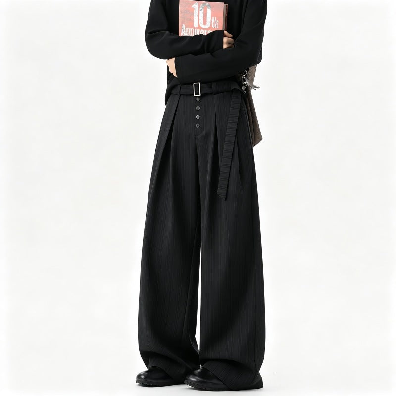 Men's Wide Pinstripe Pants in Baggy Cut with High Waist, Pleats and Decorative Button Placket Mune Fashion
