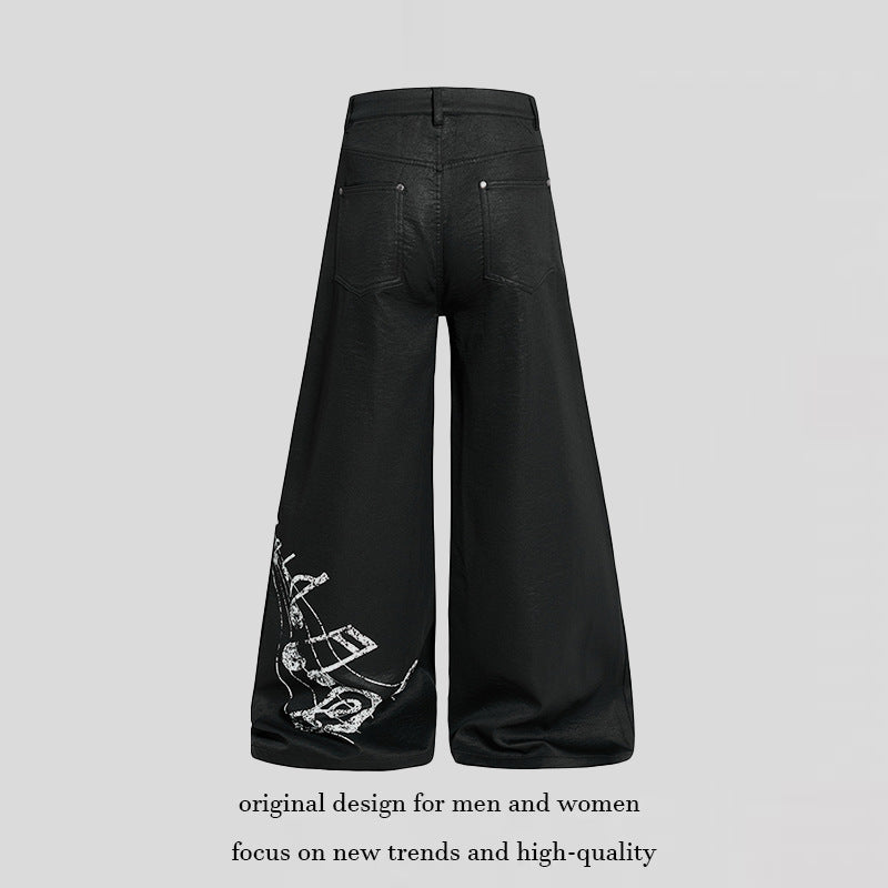 Women's wide high-cut palazzo pants with coated leather look, extra wide leg and statement print Mune Fashion