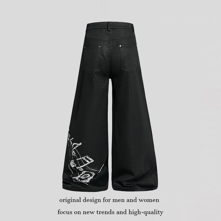 Women's wide high-cut palazzo pants with coated leather look, extra wide leg and statement print Mune Fashion