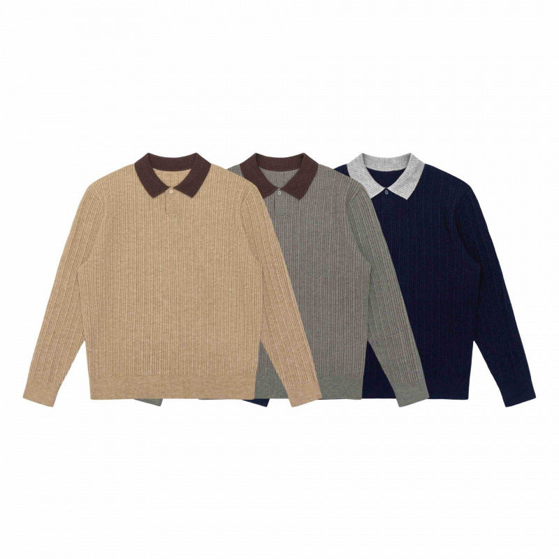 Men's Long-Sleeved Polo Sweater made of fine rib knit with contrasting collar Mune Fashion