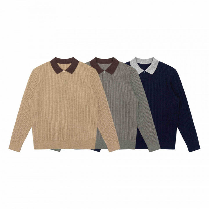 Men's Long-Sleeved Polo Sweater made of fine rib knit with contrasting collar Mune Fashion