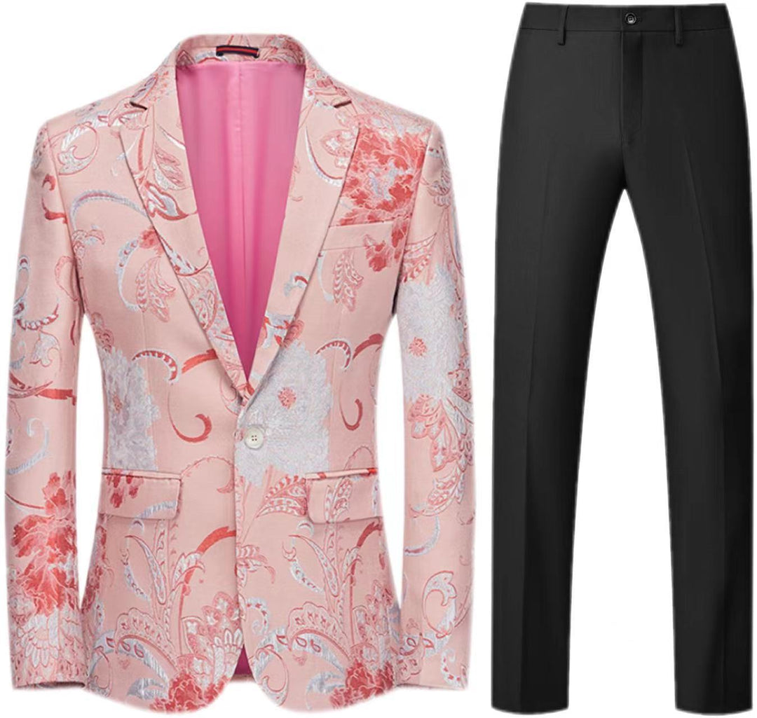 Women's Two-Piece Satin Jacquard Blazer with Floral Pattern and Tailored Fit as well as Slim Fit Suit Pants Mune Fashion