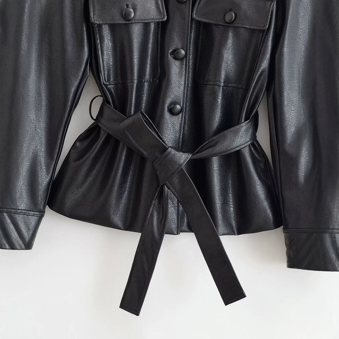 Women's Tailored Faux Leather Jacket with Tie Belt, Stand-Up Collar and Flap Pockets Drune