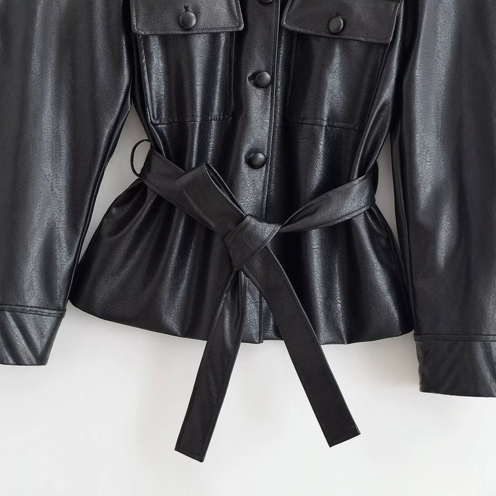 Women's Tailored Faux Leather Jacket with Tie Belt, Stand-Up Collar and Flap Pockets Drune