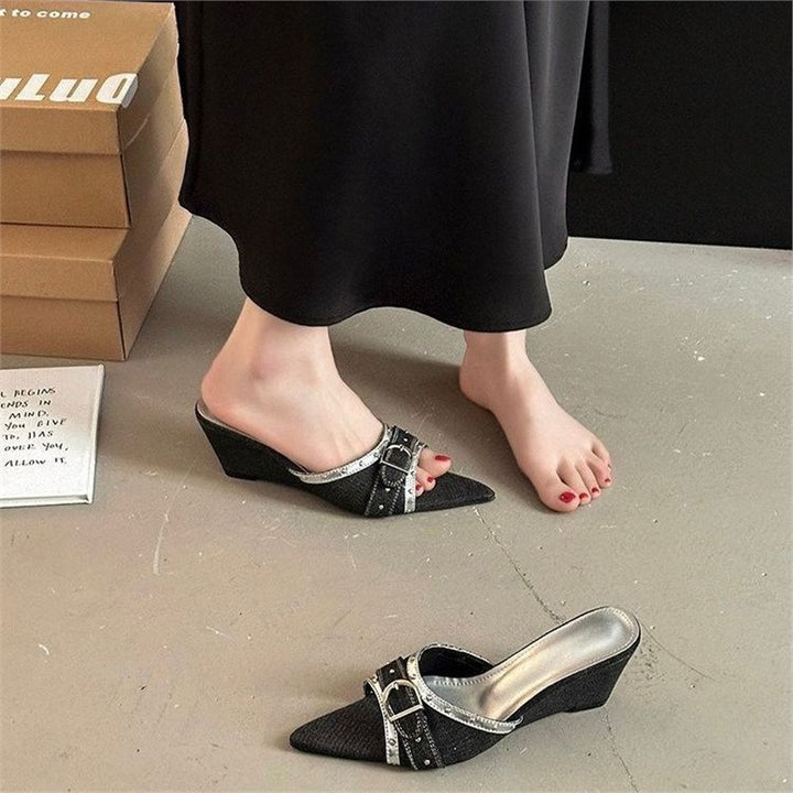 Women's pointed toe mule sandals with low wedge heel and decorated buckle strap Mune Fashion
