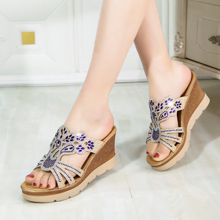 Women's ornamental wedge sandals with curved strap design and cushioned comfort footbed Mune Fashion