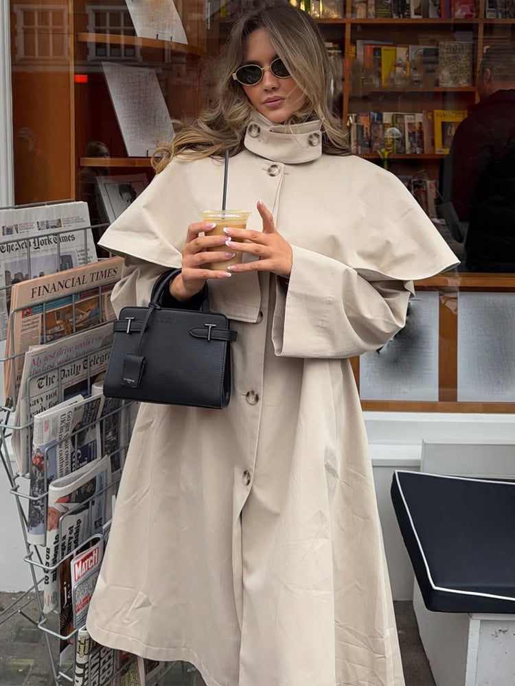 Ladies Oversize Trench Coat with Cape Detail and High Stand Collar Mune Fashion