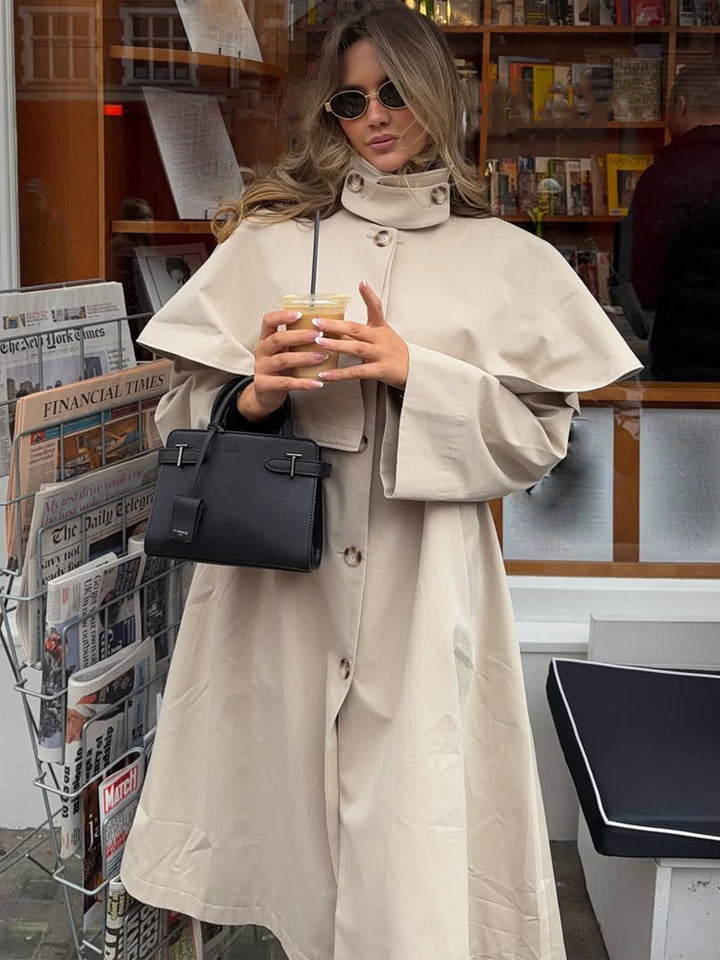 Ladies Oversize Trench Coat with Cape Detail and High Stand Collar Mune Fashion