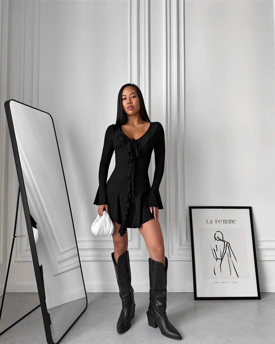 Women's Figure-Hugging Ruffled Mini Dress with V-Neck, Tie Band and Bell Sleeves Mune Fashion