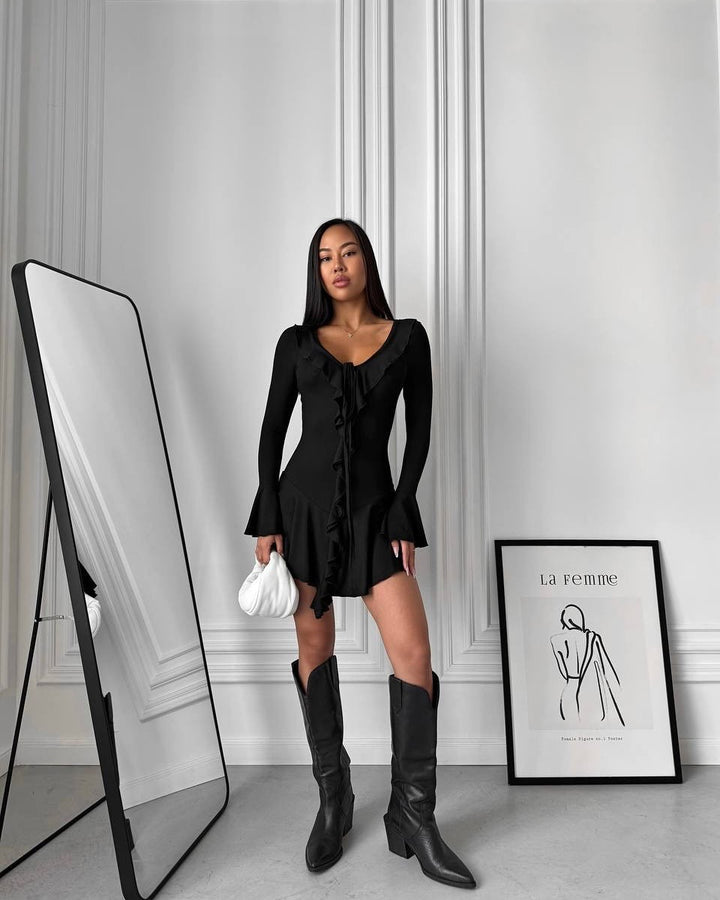 Women's Figure-Hugging Ruffled Mini Dress with V-Neck, Tie Band and Bell Sleeves Mune Fashion