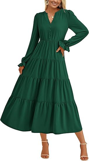 Women's Tiered Midi Dress with V-Neck, Gathered Waist Seam and Ruffle Cuffs Mune Fashion