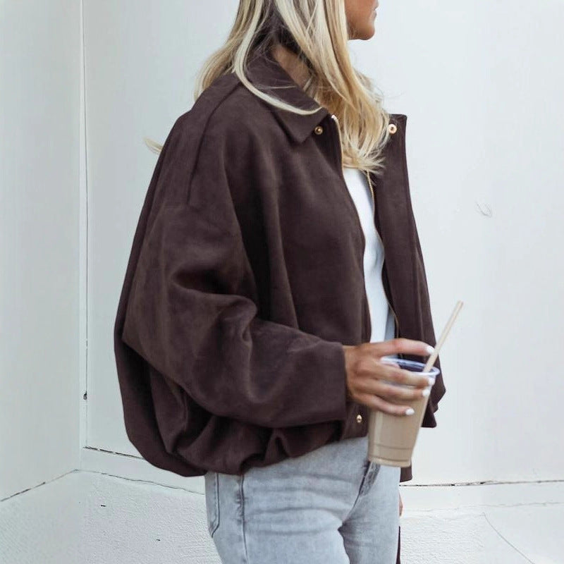 Women's short-cut bomber jacket in suede look with dropped shoulders, epaulettes, and elastic hem Mune Fashion
