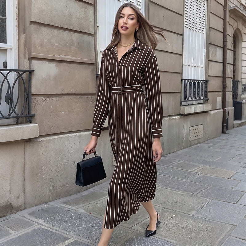 Women's Shirt Dress with Waist Belt and Vertical Pinstripe Mune Fashion