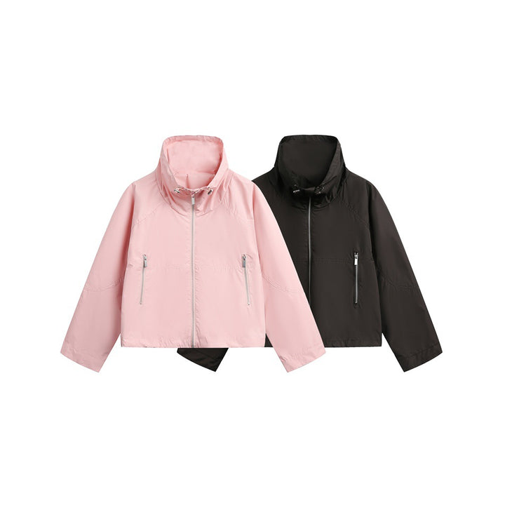 Women Lightweight Cropped Transition Jacket with High Stand Collar and Zipper Pockets Mune Fashion