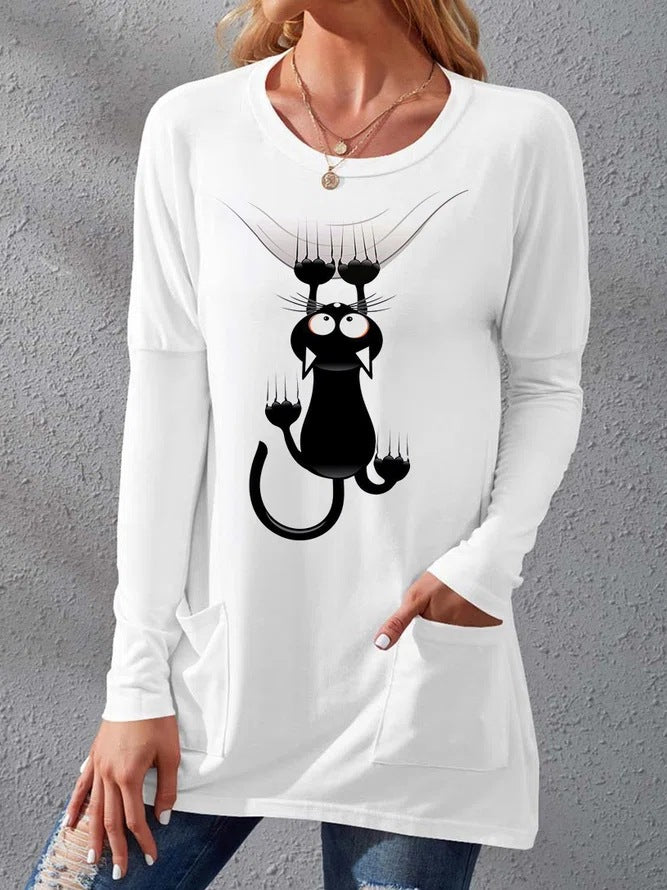 Women’s Longer Cotton Blend Tunic Shirt with Cartoon Cat Print and Side Pockets Mune Fashion