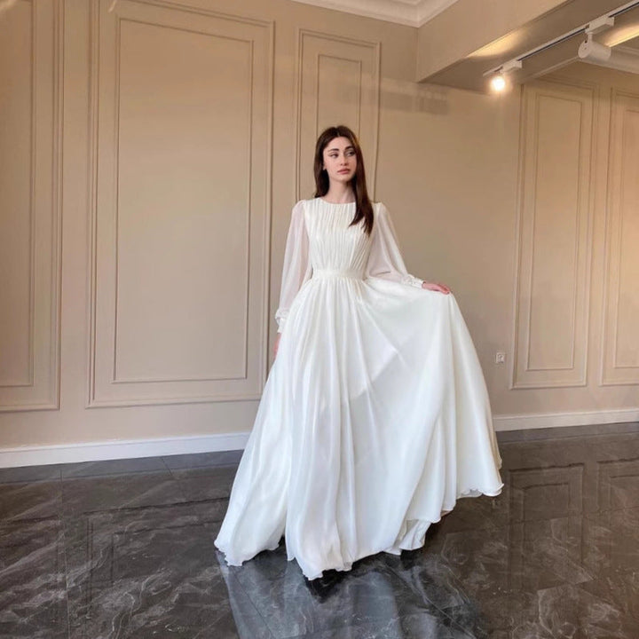 Mune Fashion | Transparent White Wedding Dress Round Neck Long Sleeve Dress
