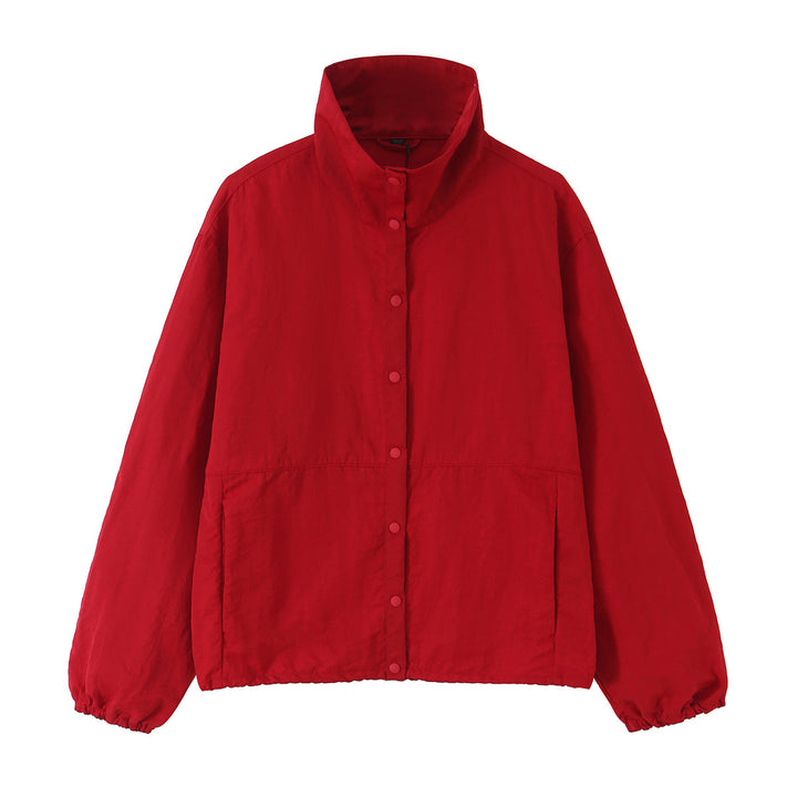 Women's Boxy Transitional Jacket with Stand Collar and Snap Placket Mune Fashion