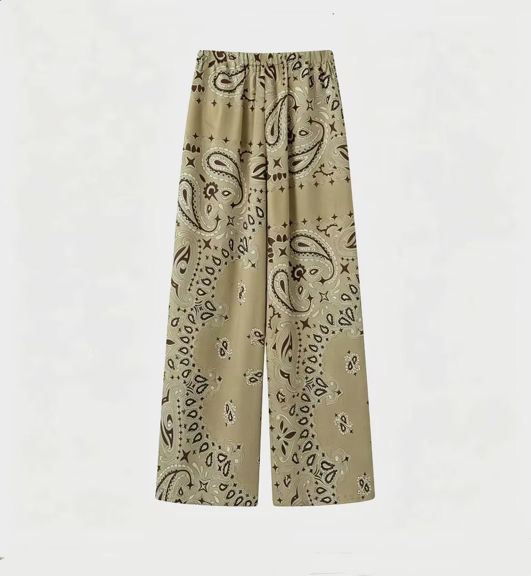 Women's Two-Piece Satin Look Lounge Set with Paisley Print, Kimono Collar Blouse and Wide Culotte Pants Mune Fashion
