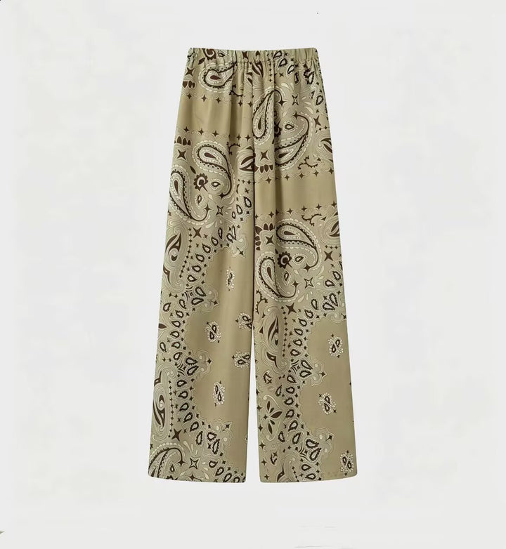 Women's Two-Piece Satin Look Lounge Set with Paisley Print, Kimono Collar Blouse and Wide Culotte Pants Mune Fashion