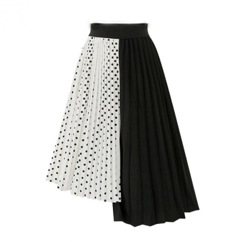 Women Asymmetric Pleated Midi Skirt with Polka Dot Panel and Elastic Waistband Mune Fashion