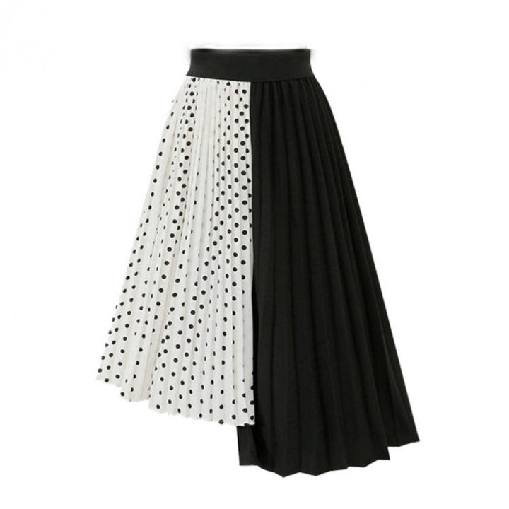 Women Asymmetric Pleated Midi Skirt with Polka Dot Panel and Elastic Waistband Mune Fashion