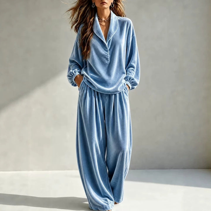 Women's Luxurious Velour Loungewear Set with Shawl Collar and Wide Palazzo Pants Mune Fashion