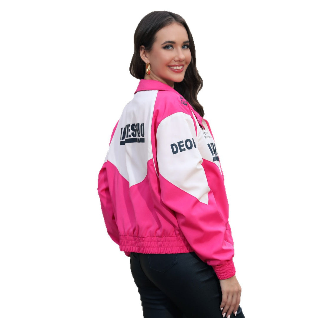 Women's Short-Cut Racing Bomber Jacket with Stand Collar and Logo Print Mune Fashion