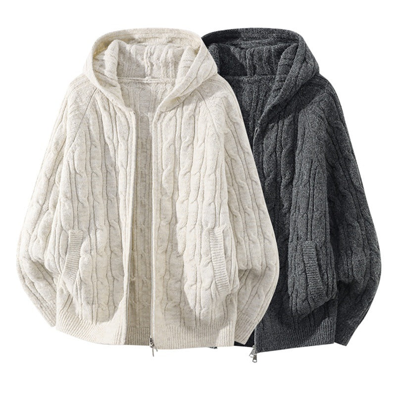 Women's Oversized Cable Knit Hooded Cardigan with Full Zip and Balloon Sleeves Mune Fashion