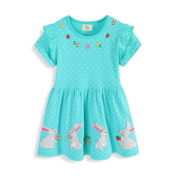 Girl Short Sleeve Dress with Playful Bunny and Flower Motif Mune Fashion
