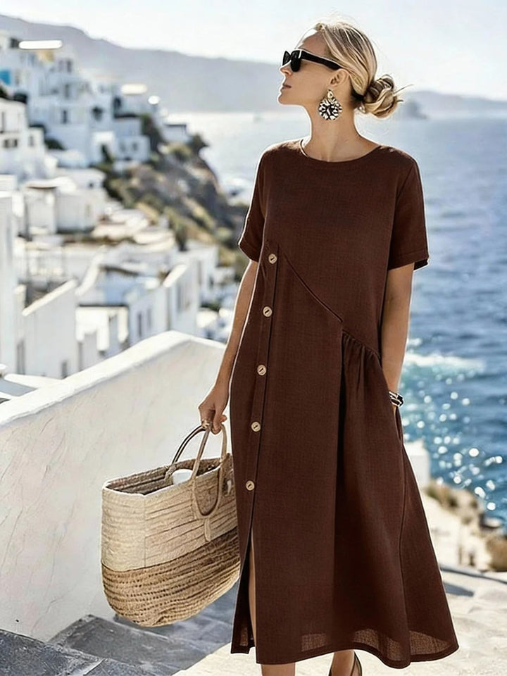 Women's Airy Summer Dress with Side Button Placket, Short Sleeves and Slit Mune Fashion