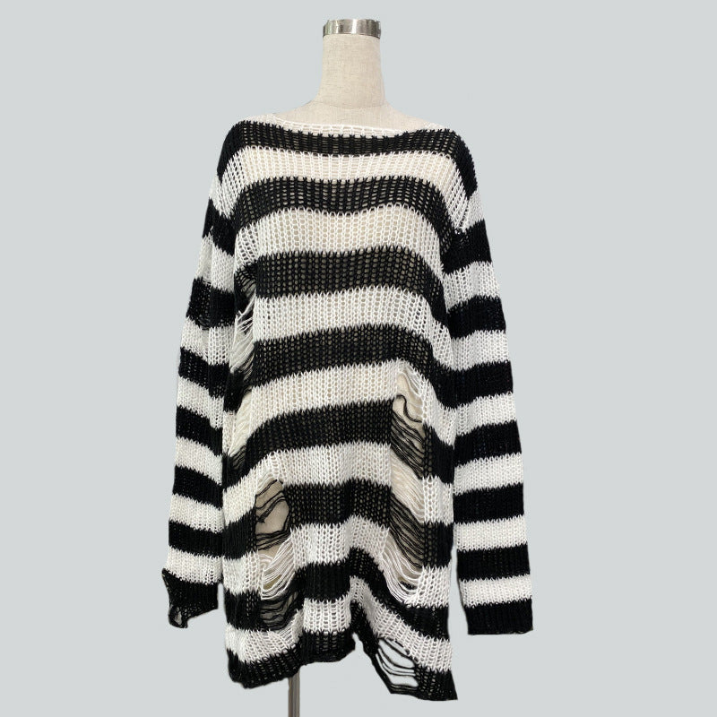 Women's oversized chunky knit sweater with wide block stripes and distressed design Mune Fashion