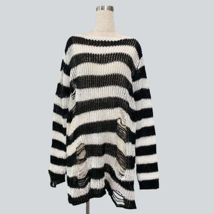 Women's oversized chunky knit sweater with wide block stripes and distressed design Mune Fashion
