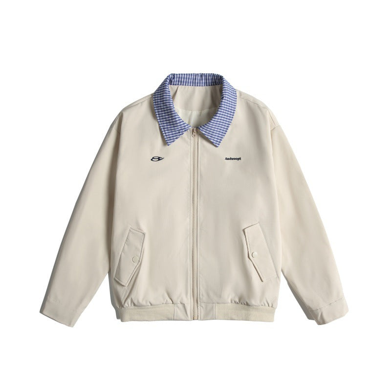Men's Lightweight Harrington Bomber Jacket with Checkered Shirt Collar and Flap Pockets Mune Fashion