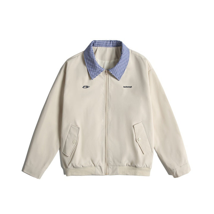 Men's Lightweight Harrington Bomber Jacket with Checkered Shirt Collar and Flap Pockets Mune Fashion