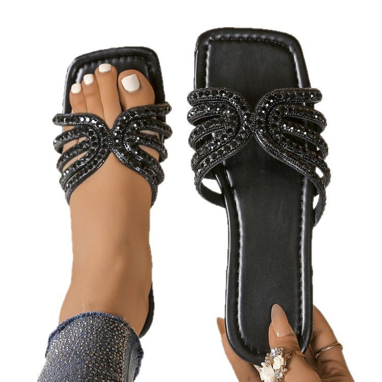 Women's elegant slip-on mules with curved multi-strap look and rhinestone trim Mune Fashion