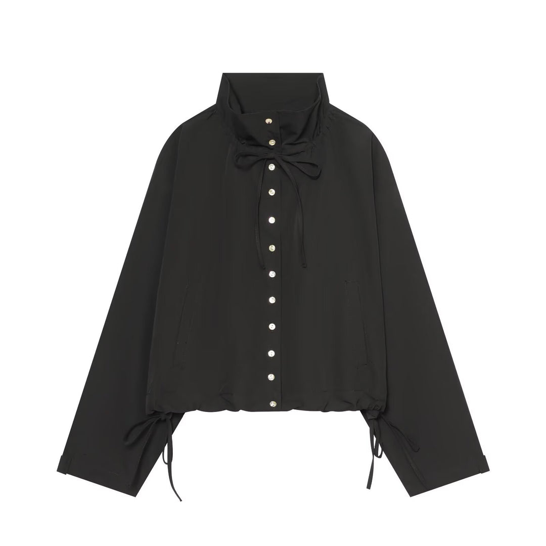 Women Cropped Oversized Utility Jacket with Stand Collar and Drawstring Mune Fashion