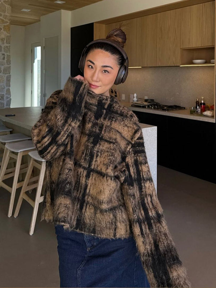 Women's Fluffy Pullover in Vintage Check with High Collar and Frayed Hem Mune Fashion