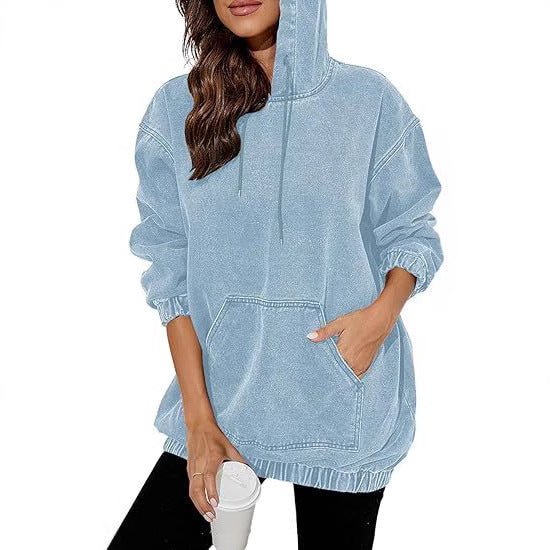 Women's Oversized Hoodie in Denim Look with Kangaroo Pocket Mune Fashion