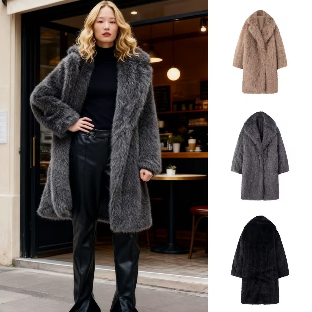 Women Long Oversize Faux Fur Coat with Voluminous Shawl Collar Mune Fashion