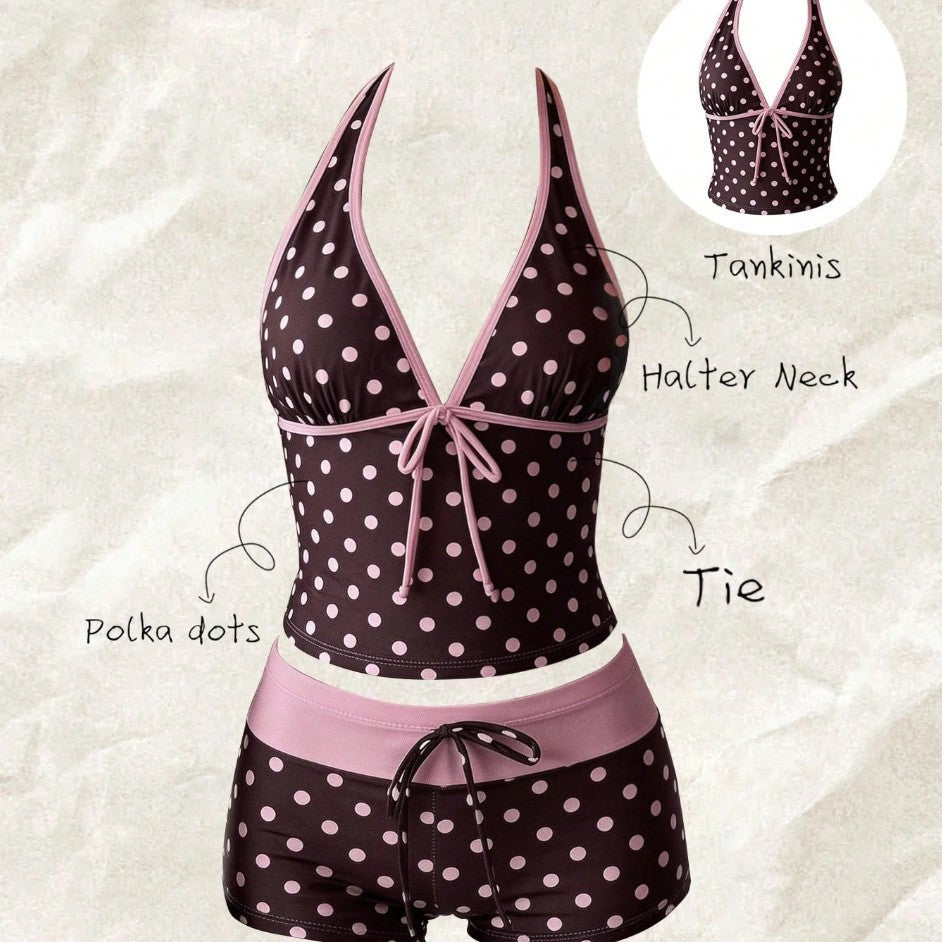 Women's tankini with fashionable polka dot pattern and adjustable halter Mune Fashion