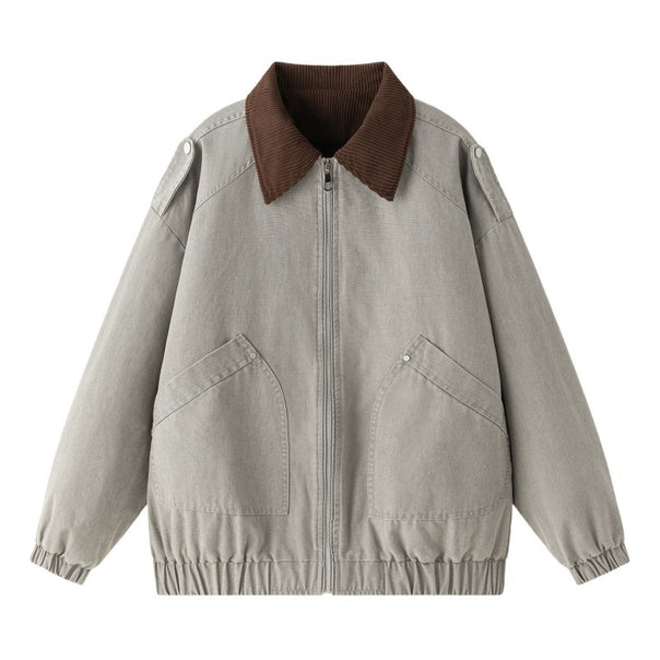 Men's Oversized Denim Bomber Jacket with Ribbed Collar, Elastic Hem & Slanted Flap Pockets Mune Fashion