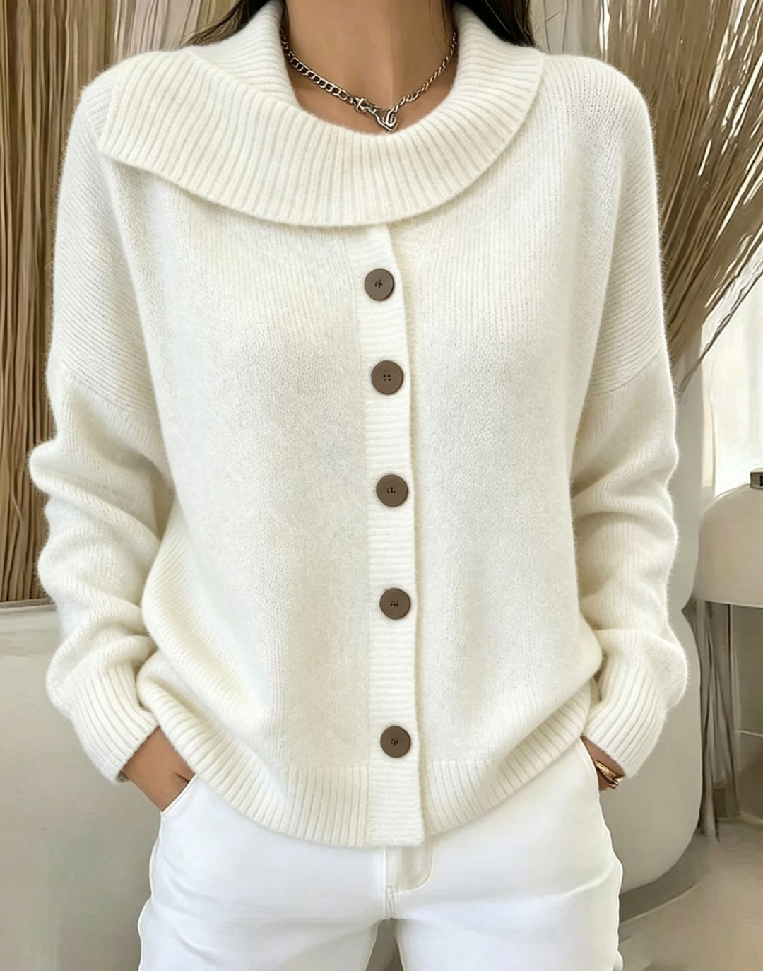 Women's Cozy Button Cardigan with Wide Roll Neck and Ribbed Cuffs Mune Fashion