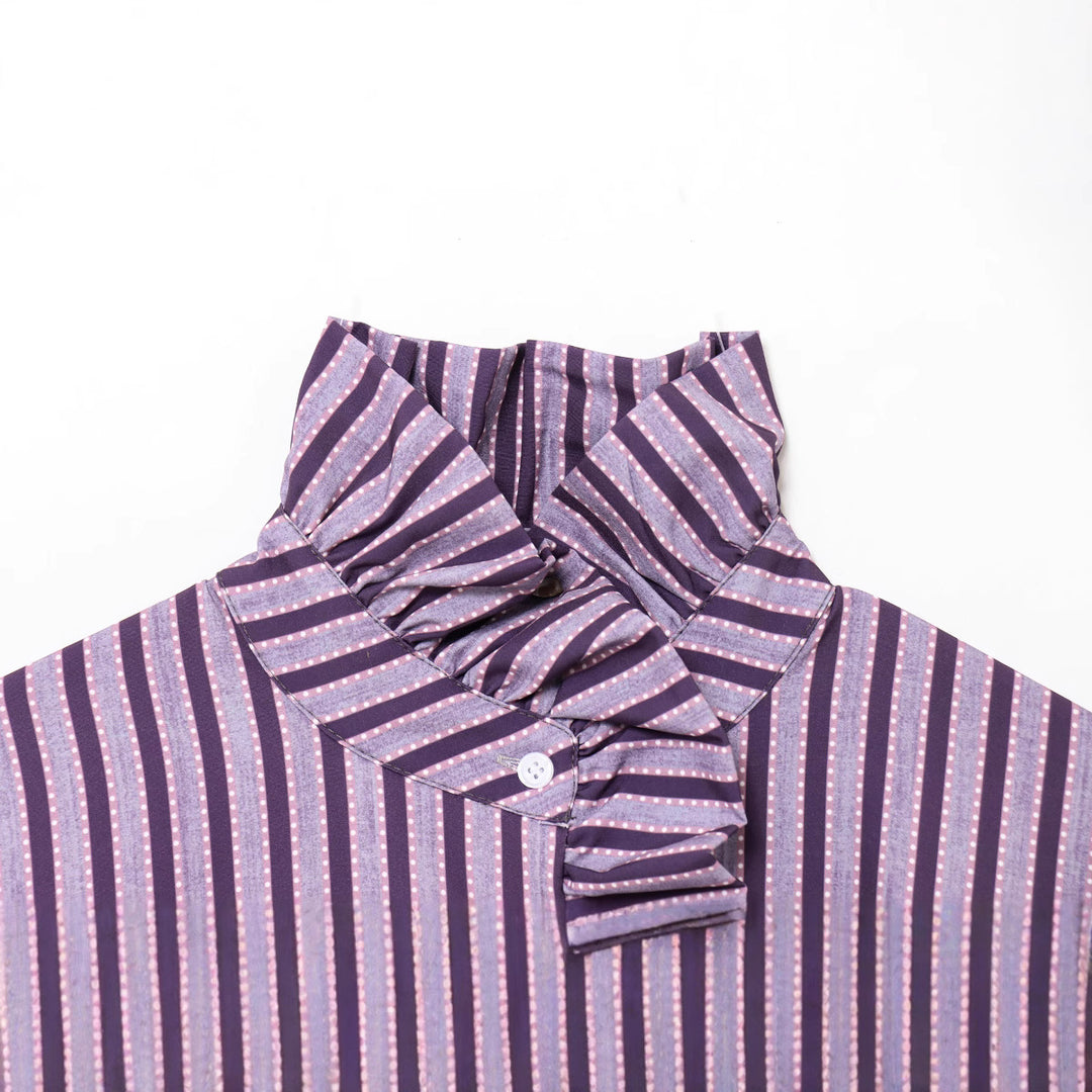 Women's Striped Ruffle Blouse with Stand-Up Collar and Flounce Cuffs Mune Fashion