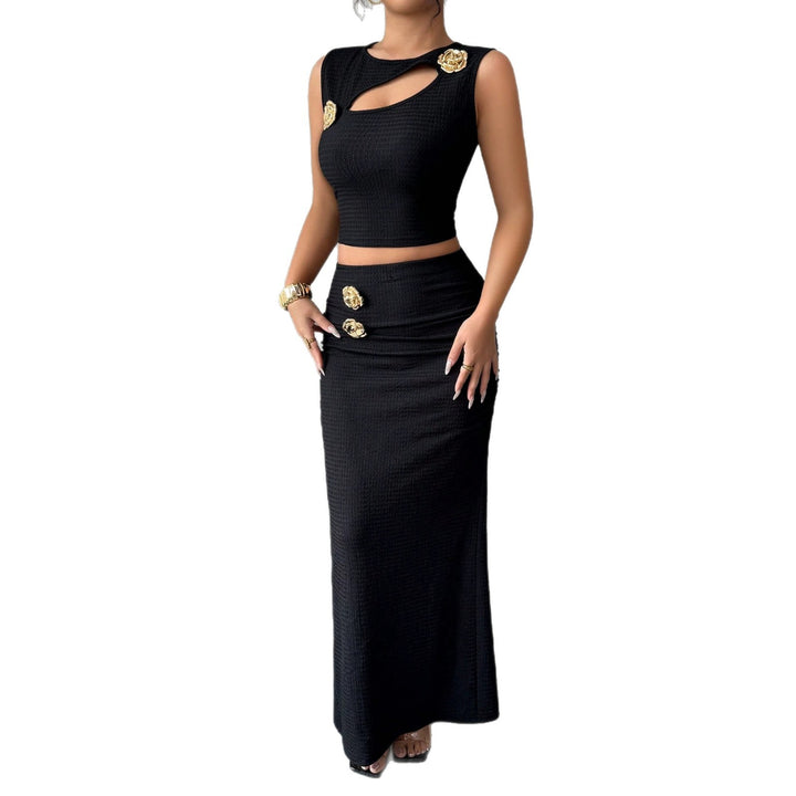 Women's two-piece tailored set with asymmetrical cut-out crop top and figure-hugging maxi pencil skirt Mune Fashion